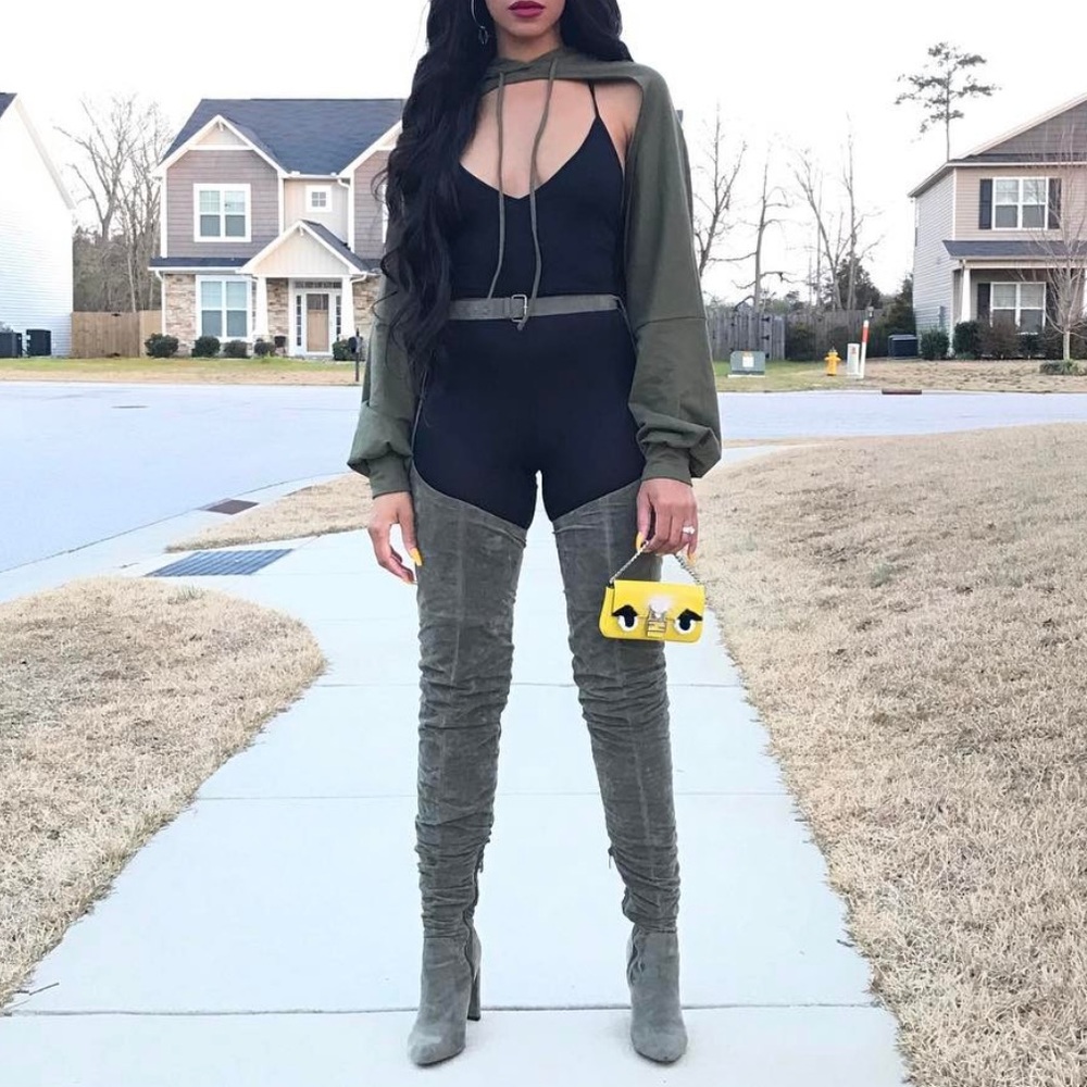 Waist high belt boots in olive suede